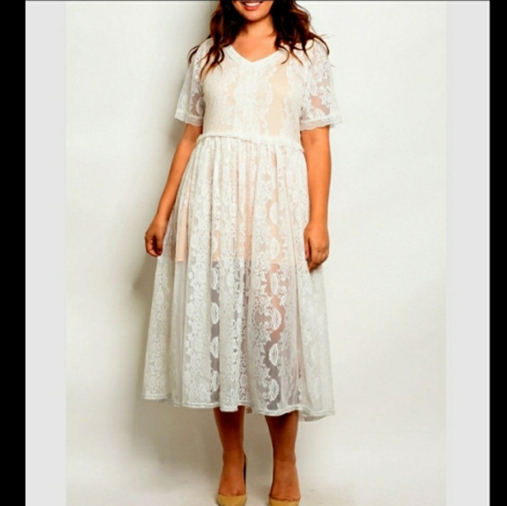 NEW C.O.C NWT Womens Plus 2X Cream Nude Lace Midi Beach Sexy Wedding Dress